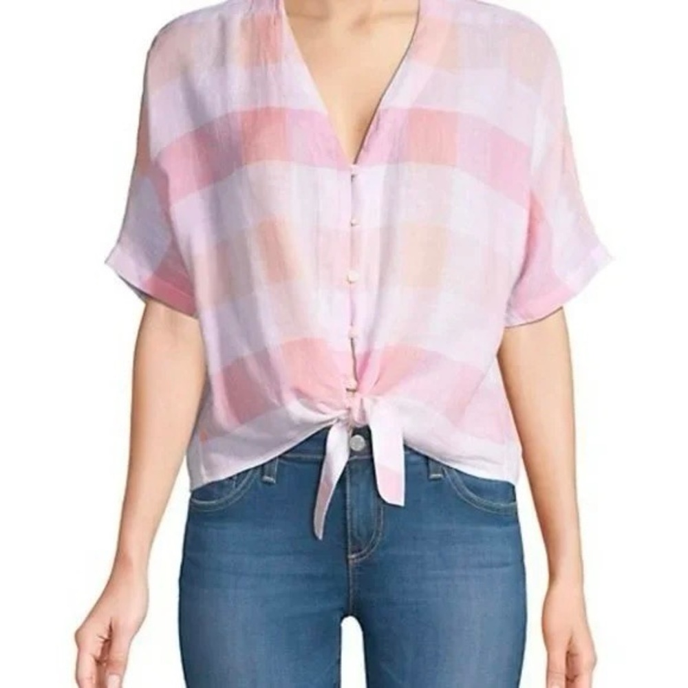 Rails Thea Tie Waist Blouse Pink White Gingham Plaid Linen Blend Womens Medium
